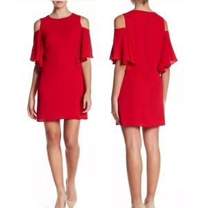 London Times Cold Shoulder Ruffle Sleeve Red